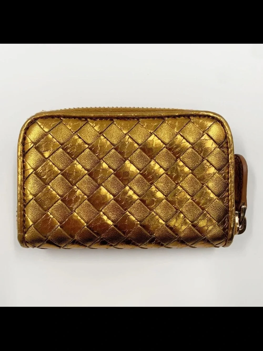 Bottega Veneta Gold Intrecciato Zip Card Wallet